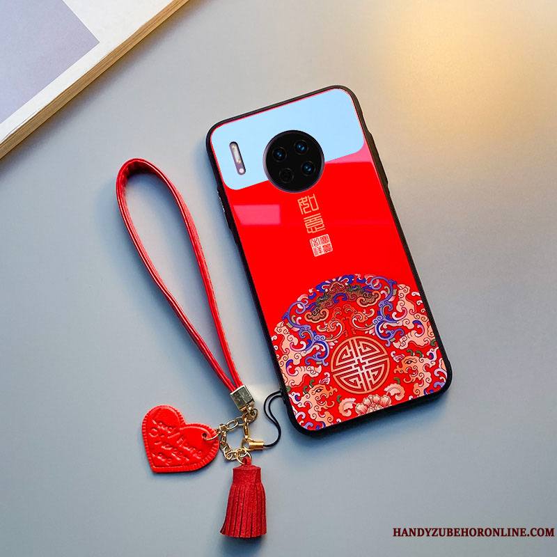 Huawei Mate 30 Coque De Téléphone Étui Net Rouge Rat Silicone Verre Style Chinois