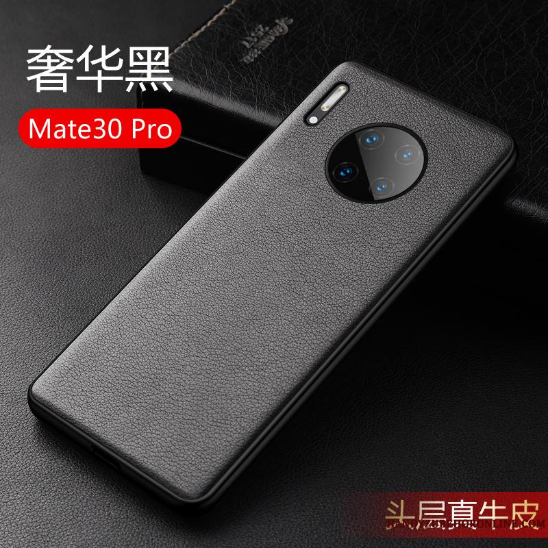 Huawei Mate 30 Pro Coque Cuir Véritable Silicone Fluide Doux Incassable Cuir Haut Protection