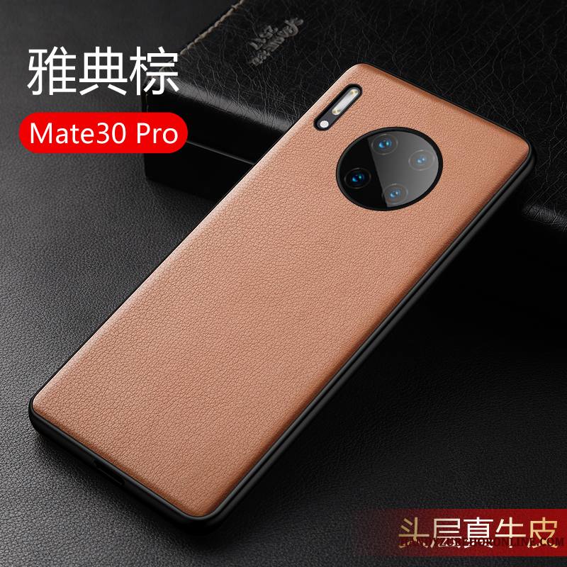 Huawei Mate 30 Pro Coque Cuir Véritable Silicone Fluide Doux Incassable Cuir Haut Protection