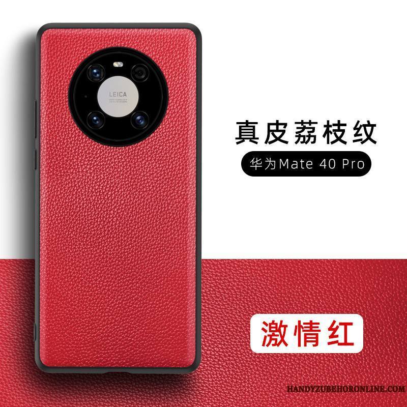 Huawei Mate 40 Pro Cuir Haut Cuir Véritable Net Rouge Coque De Téléphone Étui En Cuir Protection Noir
