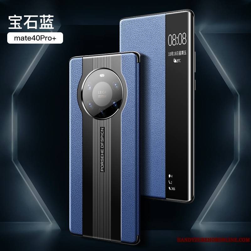 Huawei Mate 40 Pro+ Étui Cuir Véritable Coque De Téléphone Incassable Luxe Clamshell Bleu Marin