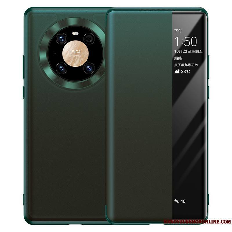Huawei Mate 40 Protection Clamshell Cuir Vert Coque De Téléphone Étui Cuir Véritable