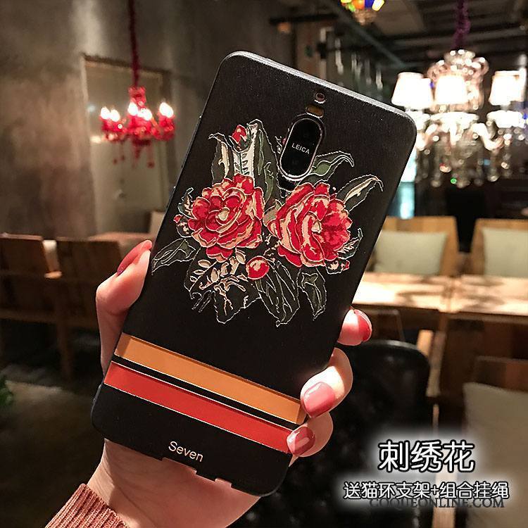 Huawei Mate 8 Coque De Téléphone Anneau Gaufrage Noir Broderie Délavé En Daim Fleur