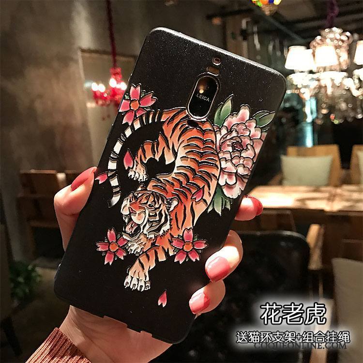 Huawei Mate 8 Coque De Téléphone Anneau Gaufrage Noir Broderie Délavé En Daim Fleur