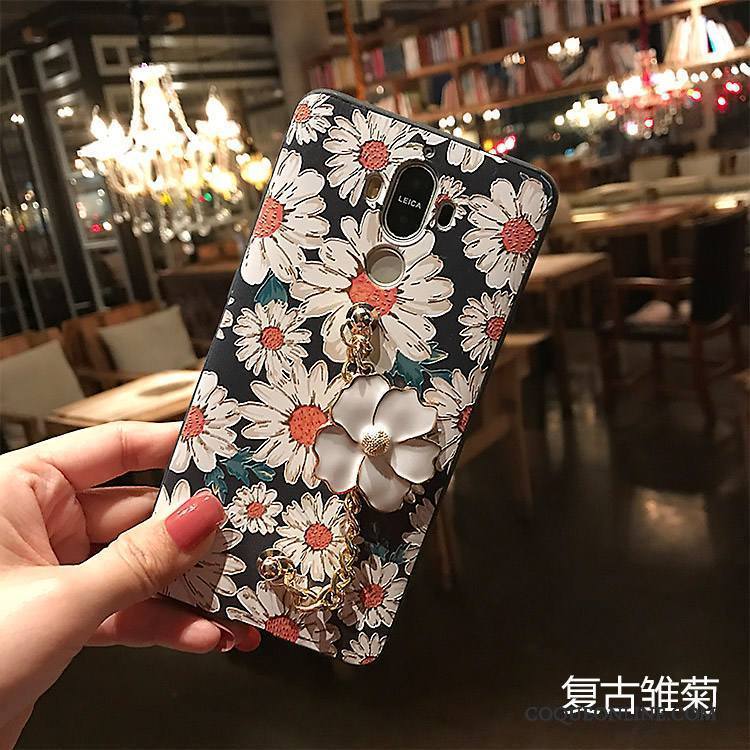 Huawei Mate 8 Coque Noir Gaufrage Fleur Délavé En Daim De Téléphone Protection
