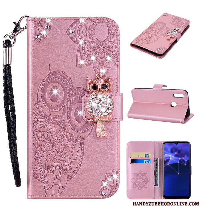 Huawei P Smart 2019 Chat Étui En Cuir Or Rose Strass Ornements Suspendus Coque De Téléphone