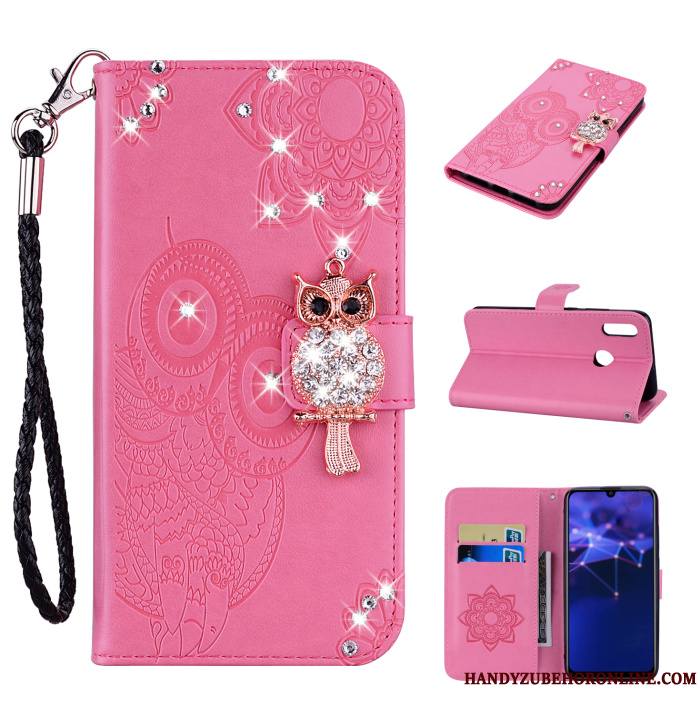 Huawei P Smart 2019 Chat Étui En Cuir Or Rose Strass Ornements Suspendus Coque De Téléphone