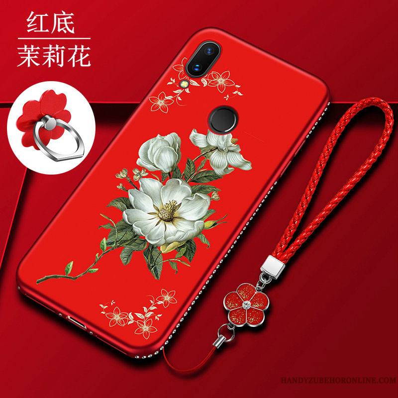 Huawei P Smart 2019 Protection Rouge Incassable Étui Coque De Téléphone Fleur Délavé En Daim