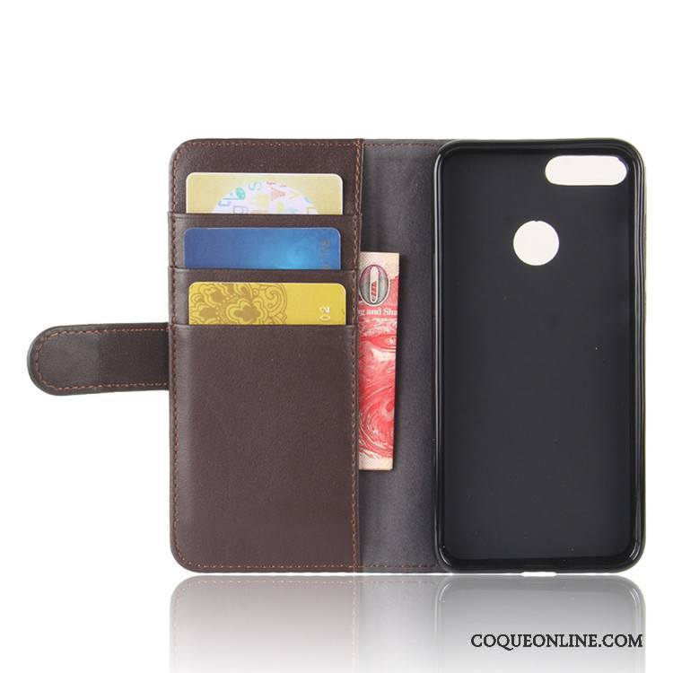 Huawei P Smart Coque Protection Cuir Véritable Portefeuille Carte Noir Téléphone Portable