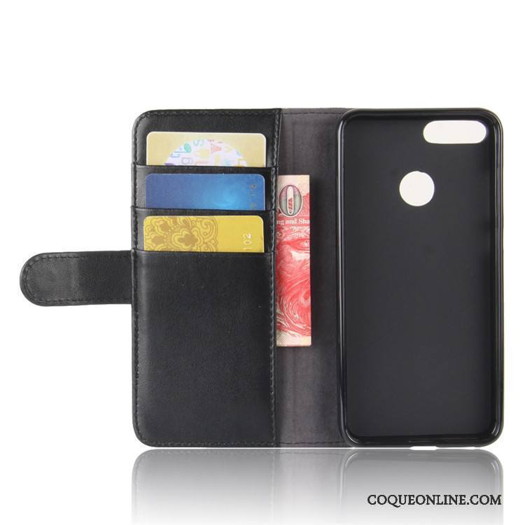 Huawei P Smart Coque Protection Cuir Véritable Portefeuille Carte Noir Téléphone Portable