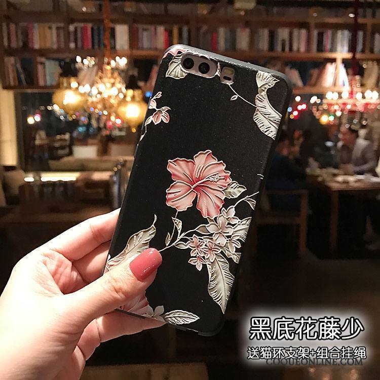 Huawei P10 Coque De Téléphone Fluide Doux Noir Délavé En Daim Floral Gaufrage Support