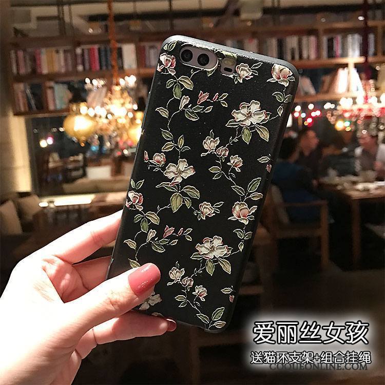 Huawei P10 Coque De Téléphone Fluide Doux Noir Délavé En Daim Floral Gaufrage Support