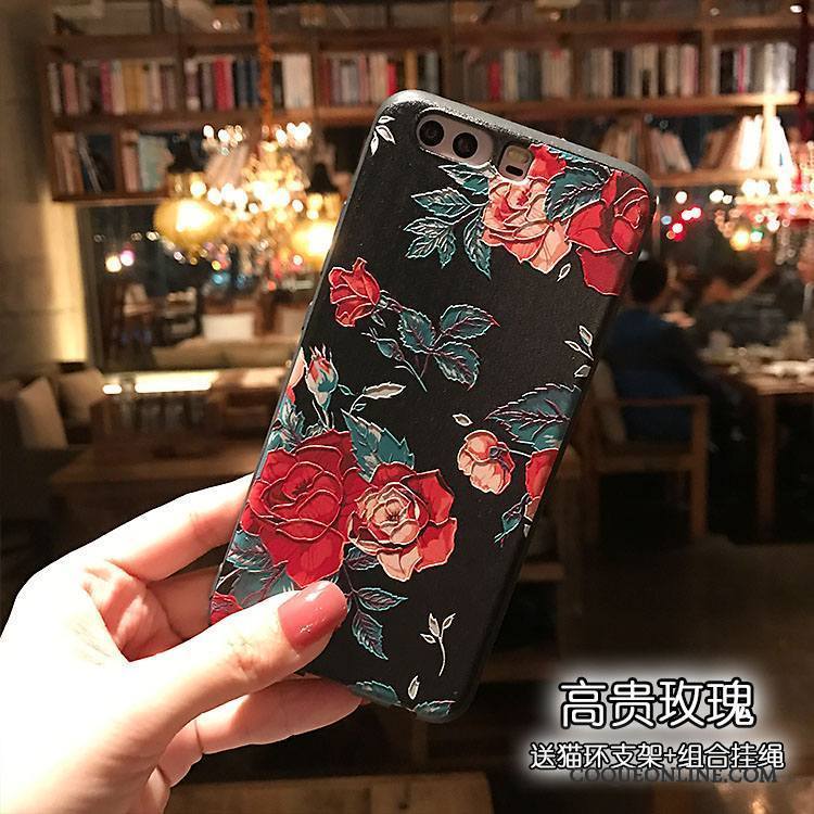 Huawei P10 Coque De Téléphone Fluide Doux Noir Délavé En Daim Floral Gaufrage Support