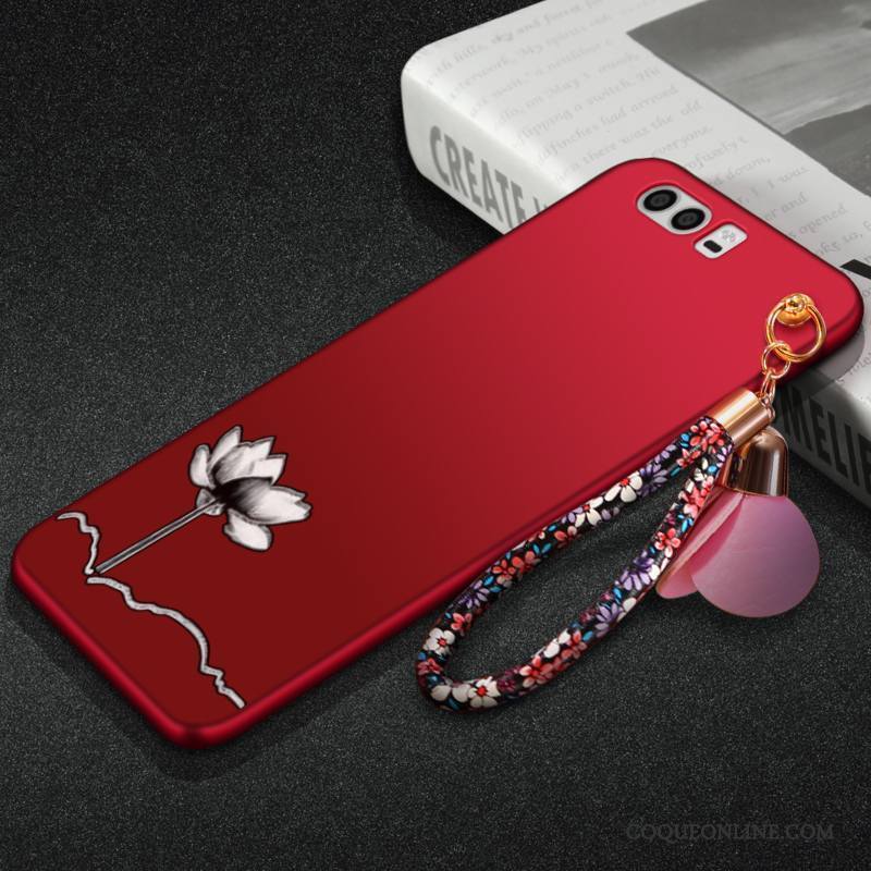 Huawei P10 Coque Fleur Fluide Doux Ornements Suspendus Noir Incassable Silicone Délavé En Daim