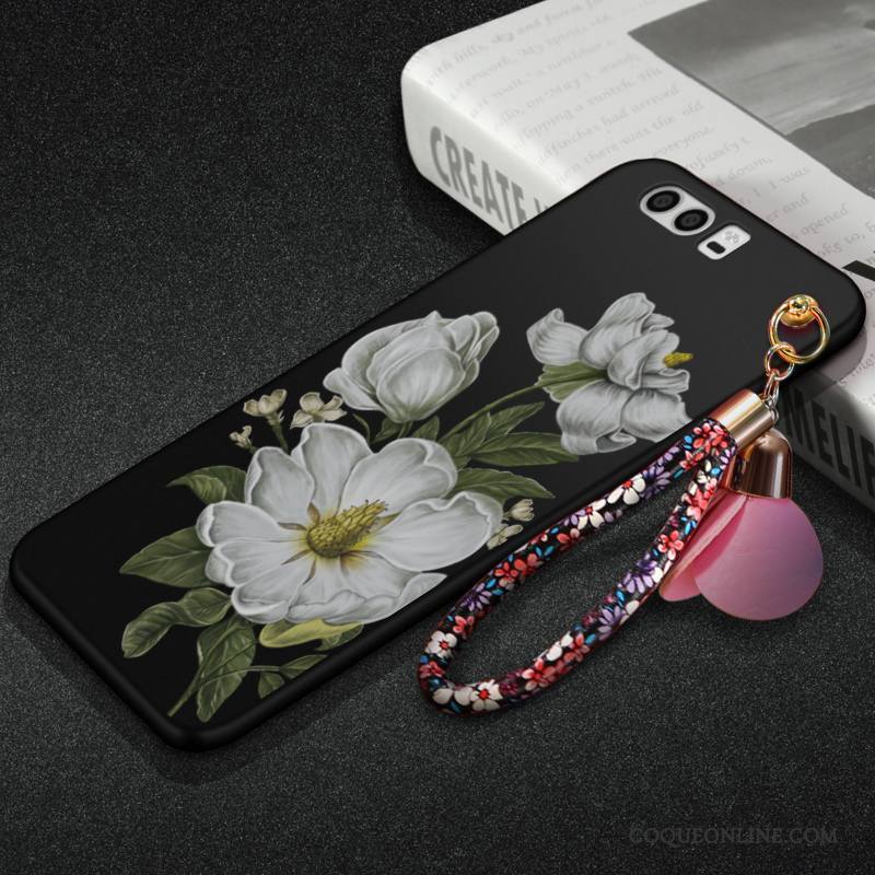 Huawei P10 Coque Fleur Fluide Doux Ornements Suspendus Noir Incassable Silicone Délavé En Daim