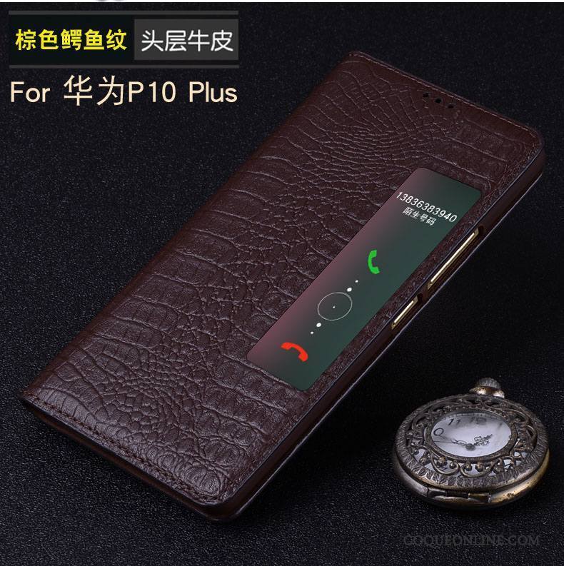 Huawei P10 Plus Coque Téléphone Portable Étui Noir Protection Dormance Cuir Véritable Étui En Cuir