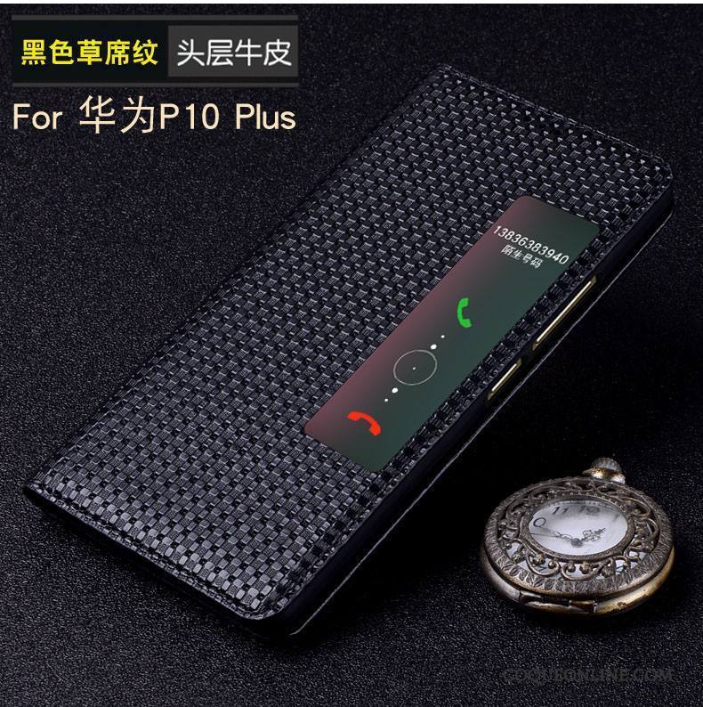 Huawei P10 Plus Coque Téléphone Portable Étui Noir Protection Dormance Cuir Véritable Étui En Cuir