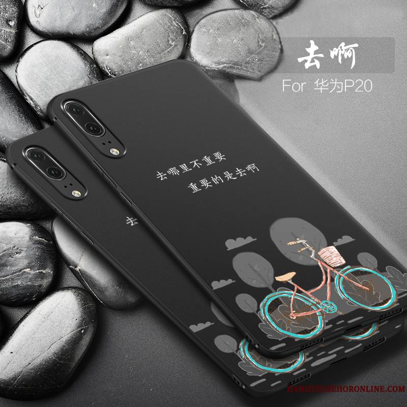 Huawei P20 Coque De Téléphone Délavé En Daim Fluide Doux Protection Étui Silicone Noir