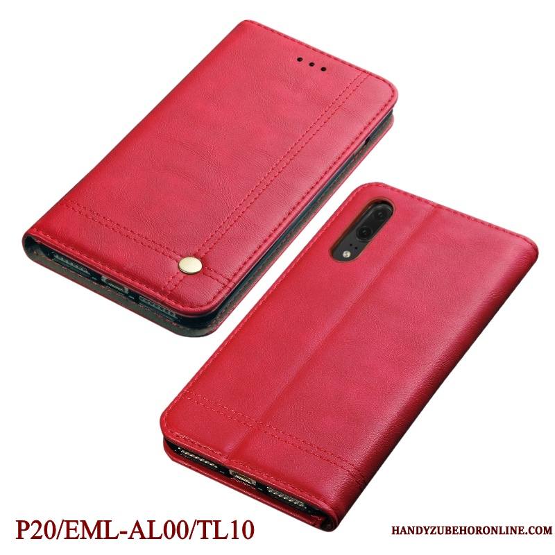 Huawei P20 Coque De Téléphone Protection Incassable Étui En Cuir Rouge Housse