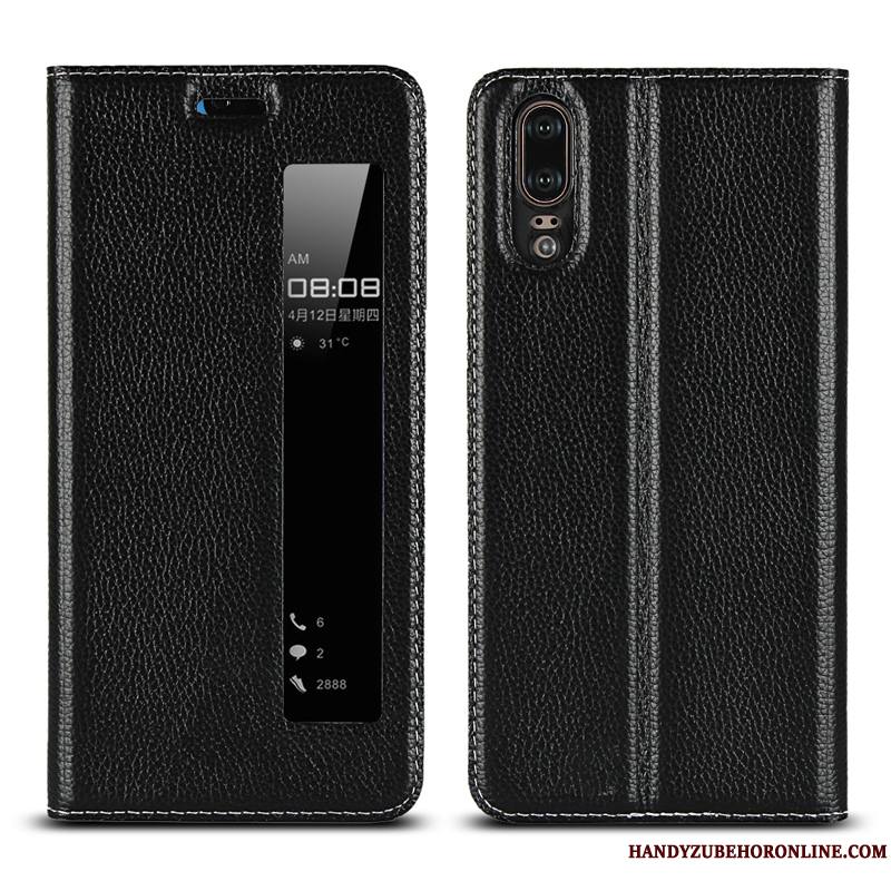 Huawei P20 Cuir Haut Modèle Fleurie Nouveau Cuir Véritable Litchi Coque De Téléphone Housse