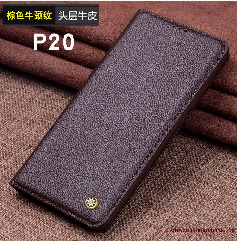 Huawei P20 Incassable Luxe Coque De Téléphone Bovins Modèle Fleurie Cuir Véritable Protection