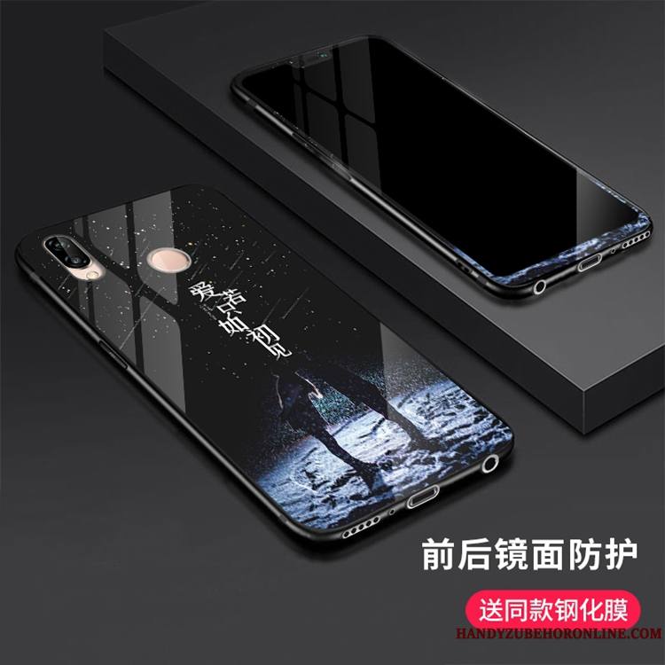 Huawei P20 Lite Étui Verre Coque De Téléphone Noir Créatif Membrane Tempérer