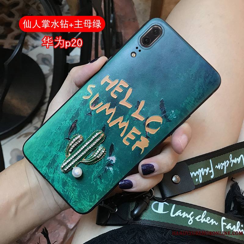 Huawei P20 Net Rouge Marque De Tendance Cou Suspendu Coque De Téléphone Vert Foncé Étui Strass