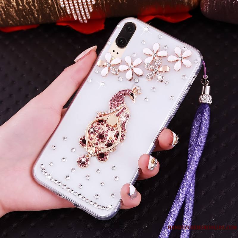 Huawei P20 Strass Ornements Suspendus Bordure Fluide Doux Étui Transparent Coque De Téléphone