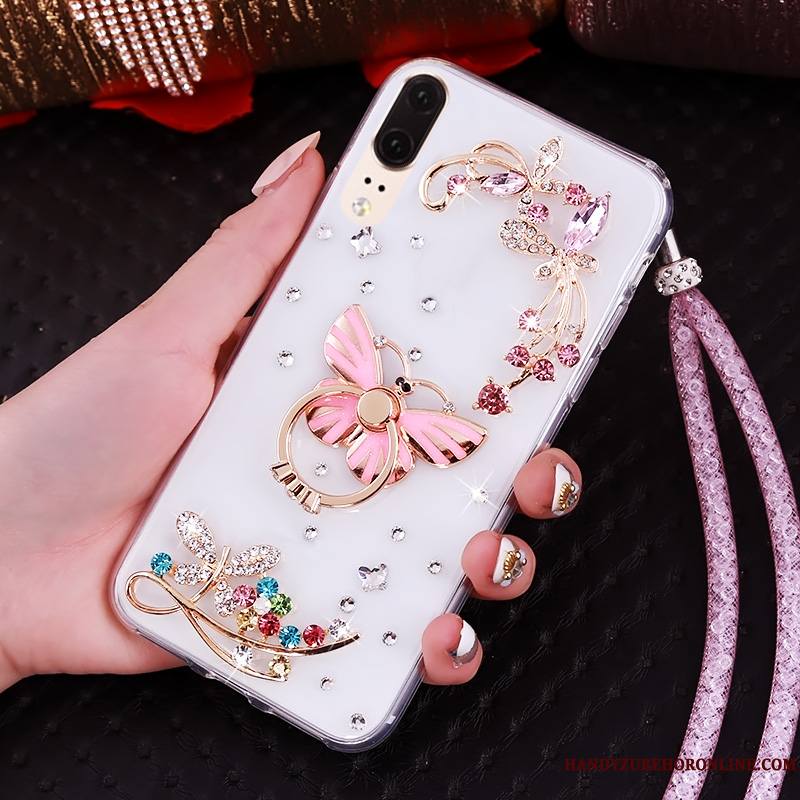 Huawei P20 Strass Ornements Suspendus Bordure Fluide Doux Étui Transparent Coque De Téléphone