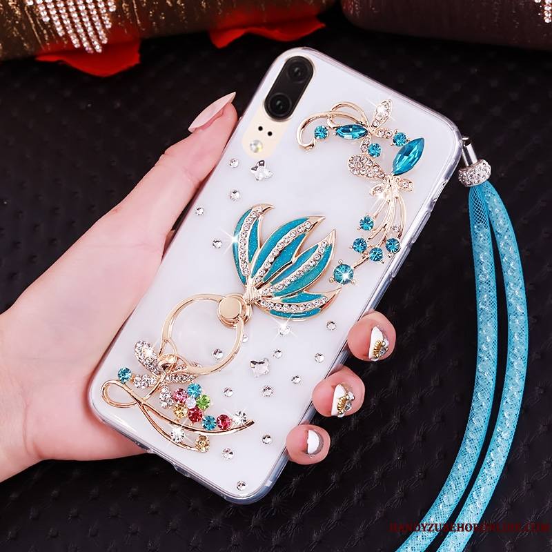 Huawei P20 Strass Ornements Suspendus Bordure Fluide Doux Étui Transparent Coque De Téléphone