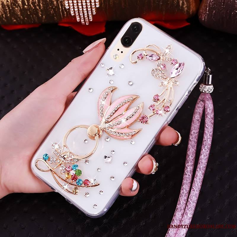 Huawei P20 Strass Ornements Suspendus Bordure Fluide Doux Étui Transparent Coque De Téléphone