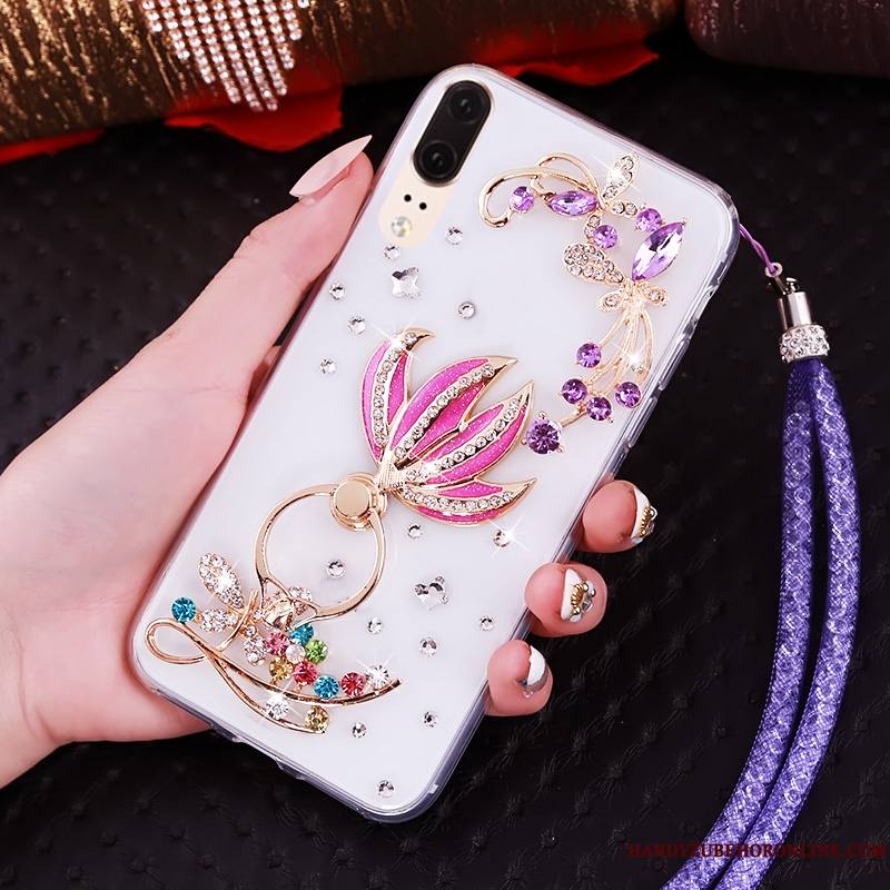 Huawei P20 Strass Ornements Suspendus Bordure Fluide Doux Étui Transparent Coque De Téléphone