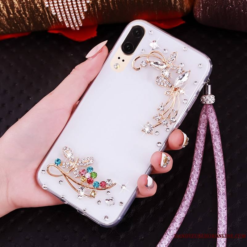 Huawei P20 Strass Ornements Suspendus Bordure Fluide Doux Étui Transparent Coque De Téléphone