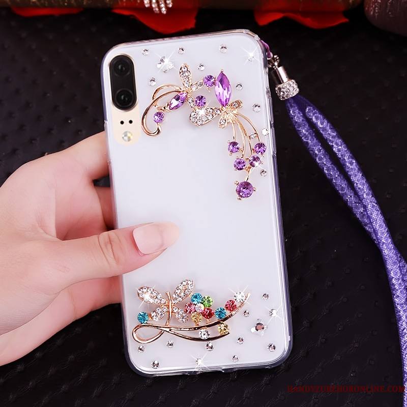 Huawei P20 Strass Ornements Suspendus Bordure Fluide Doux Étui Transparent Coque De Téléphone