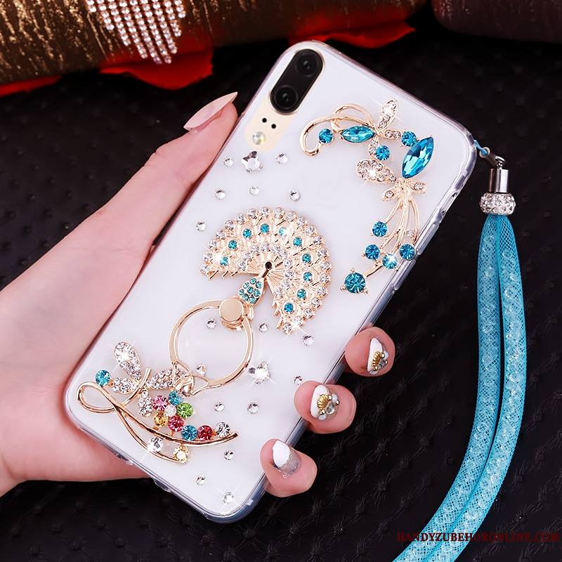 Huawei P20 Strass Ornements Suspendus Bordure Fluide Doux Étui Transparent Coque De Téléphone