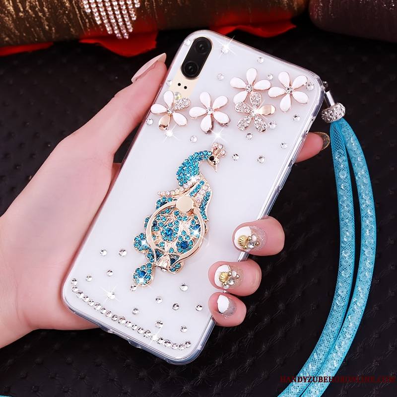 Huawei P20 Strass Ornements Suspendus Bordure Fluide Doux Étui Transparent Coque De Téléphone