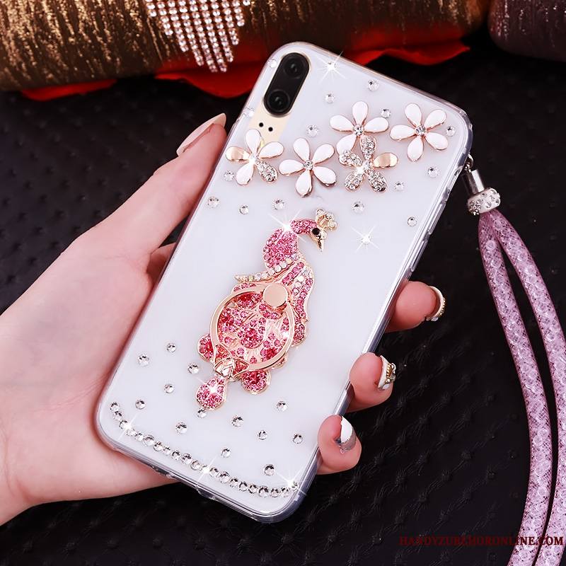 Huawei P20 Strass Ornements Suspendus Bordure Fluide Doux Étui Transparent Coque De Téléphone