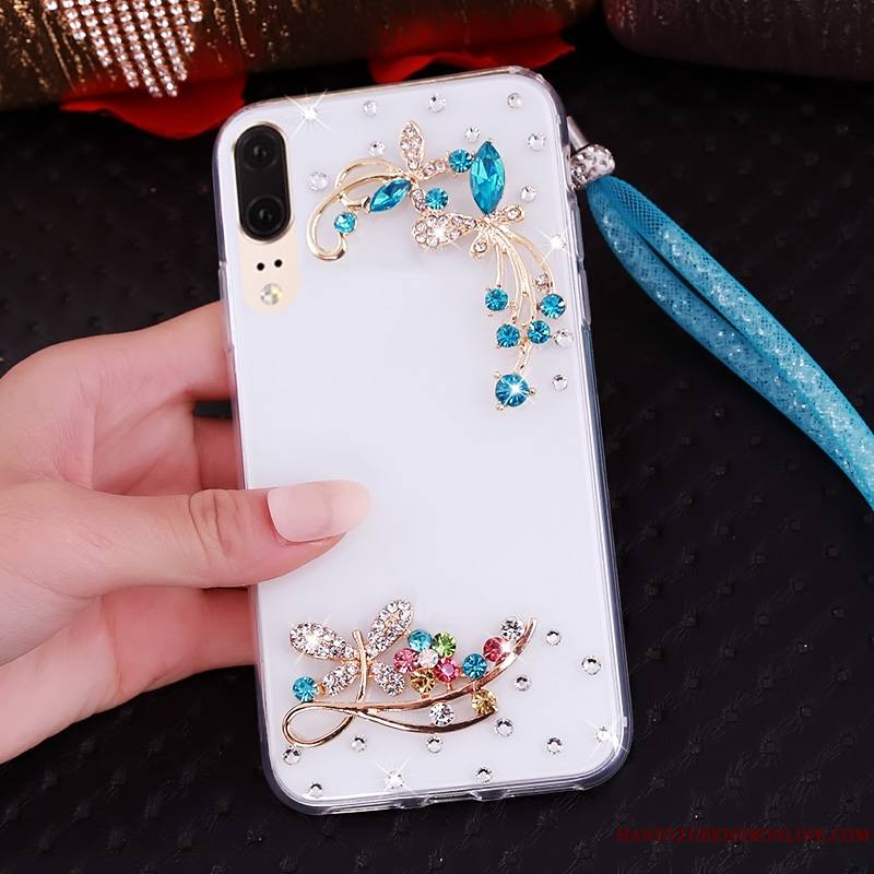 Huawei P20 Strass Ornements Suspendus Bordure Fluide Doux Étui Transparent Coque De Téléphone