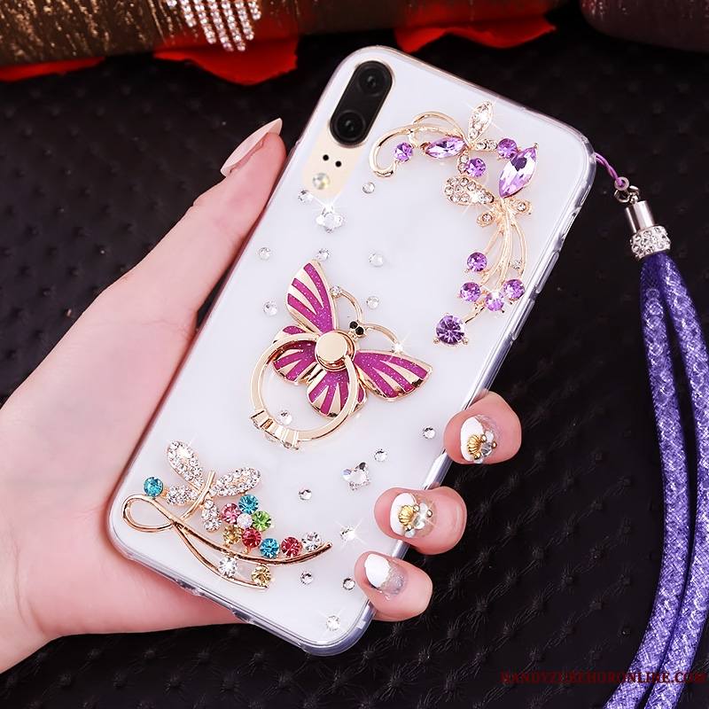 Huawei P20 Strass Ornements Suspendus Bordure Fluide Doux Étui Transparent Coque De Téléphone