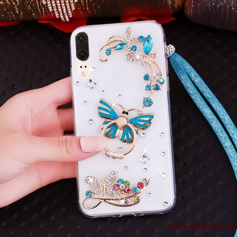 Huawei P20 Strass Ornements Suspendus Bordure Fluide Doux Étui Transparent Coque De Téléphone