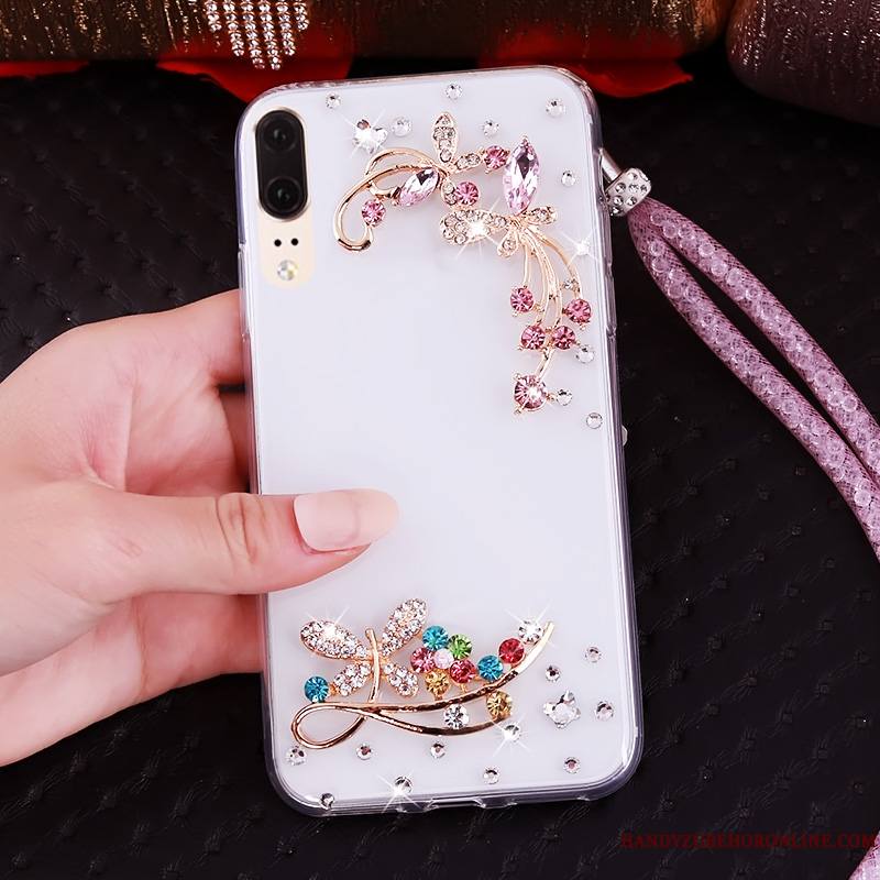 Huawei P20 Strass Ornements Suspendus Bordure Fluide Doux Étui Transparent Coque De Téléphone