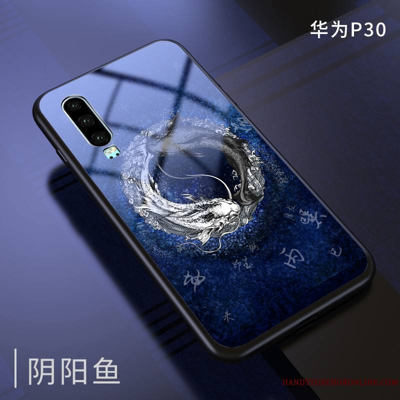 Huawei P30 Coque Bleu Marin Personnalité Légère Net Rouge Verre Créatif Marque De Tendance