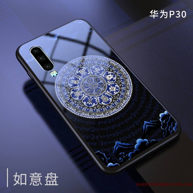 Huawei P30 Coque Bleu Marin Personnalité Légère Net Rouge Verre Créatif Marque De Tendance