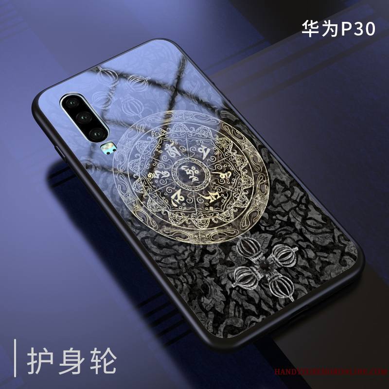 Huawei P30 Coque Bleu Marin Personnalité Légère Net Rouge Verre Créatif Marque De Tendance