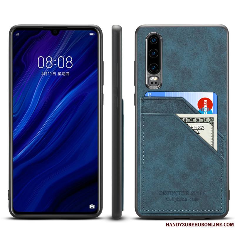 Huawei P30 Coque Incassable Nouveau Protection Tout Compris Carte Étui Cuir Véritable