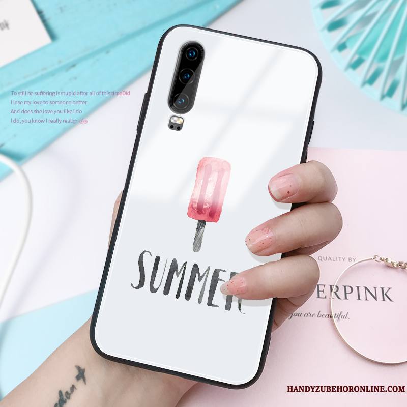 Huawei P30 Coque Ornements Suspendus Très Mince Charmant Blanc Verre Créatif Personnalité