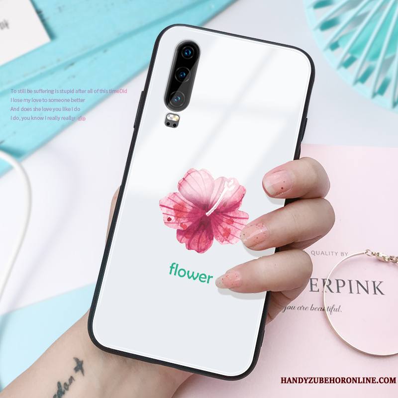 Huawei P30 Coque Ornements Suspendus Très Mince Charmant Blanc Verre Créatif Personnalité