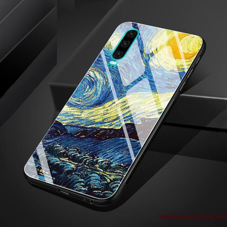 Huawei P30 Coque Petit Tournesol Vintage Vent Étui Peinture À L'huile Ciel Étoilé