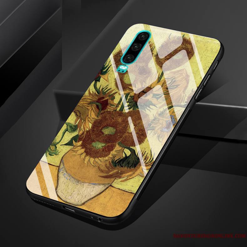 Huawei P30 Coque Petit Tournesol Vintage Vent Étui Peinture À L'huile Ciel Étoilé