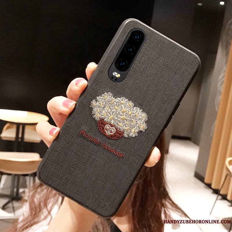 Huawei P30 Coque Protection Fluide Doux Incassable Net Rouge Broderie Étui